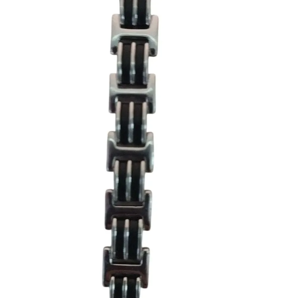 Mens  Band Silver Tone Stainless Steel Black Rubber Link Bracelet